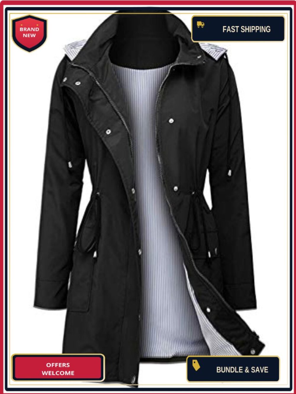 Women's Waterproof Rain Jacket with Hood Lightweight Packable Outdoor Trench